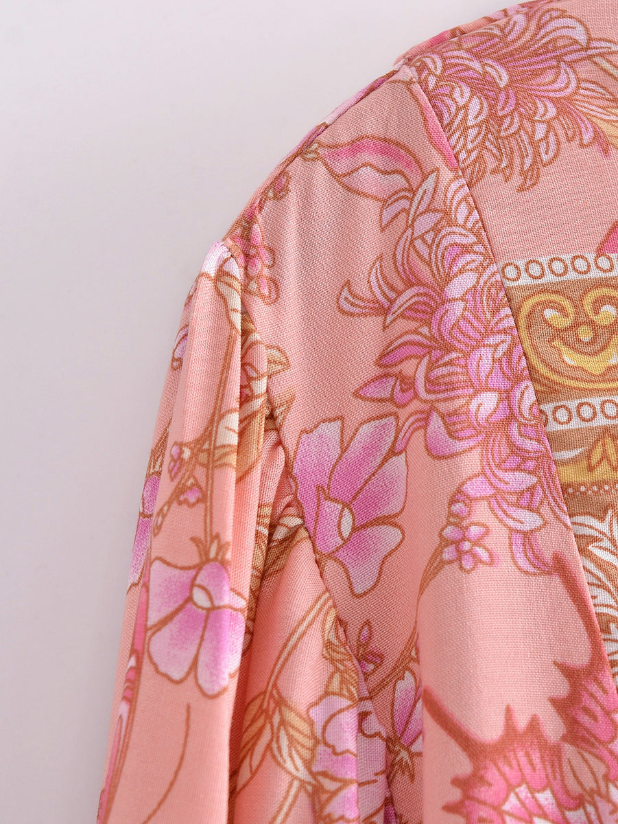Pink Butterfly Boho Floral Print Long Sleeve Maxi Dress Pink / M