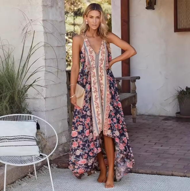 Rose Embrace Boho Floral Print Maxi Dress Navy / L