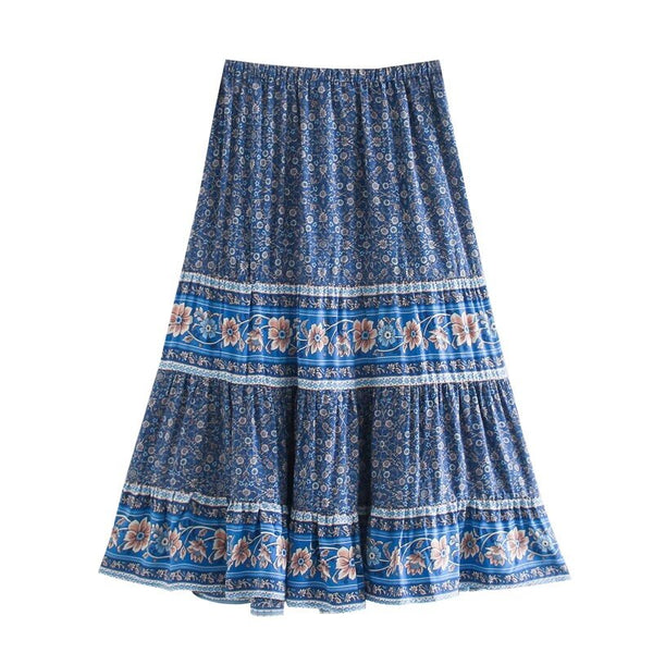 Blue Meadow Boho Floral Print Midi Skirt