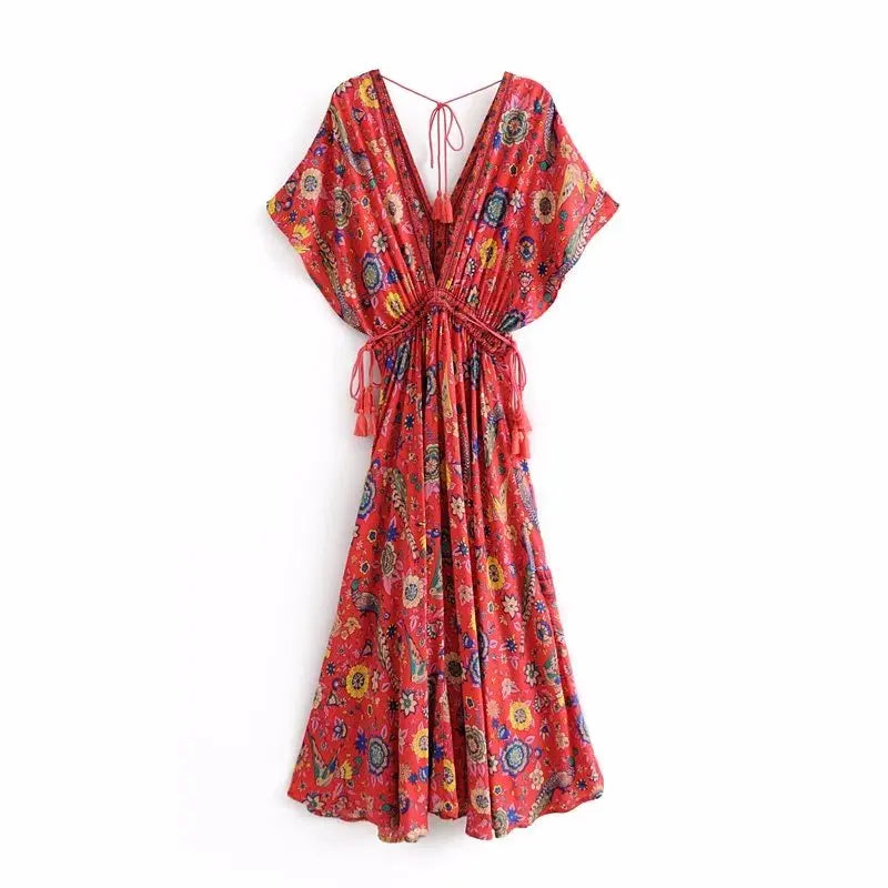 Red Songbird Boho Floral Print Midi Dress Red / S