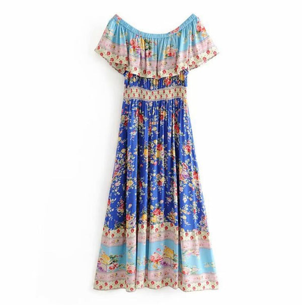 Blissful Blue Boho Floral Print Maxi Dress