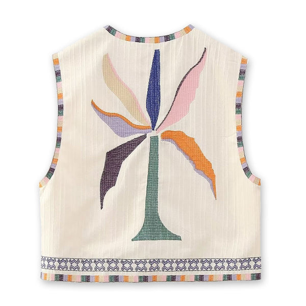 Beige Boho Floral Embroidered Vest
