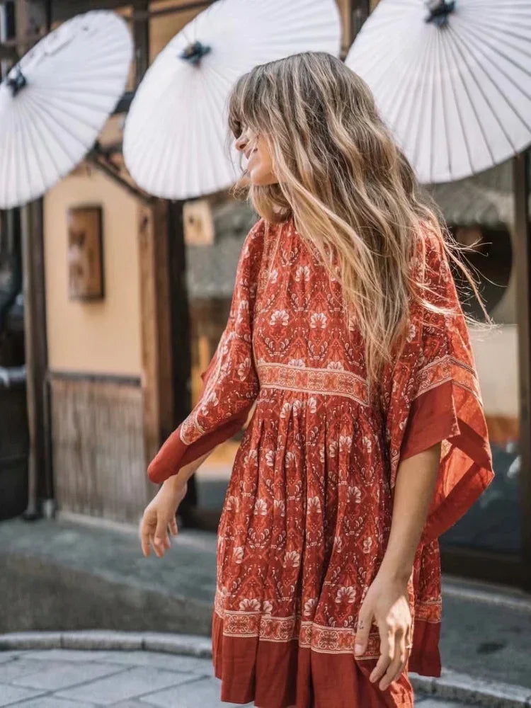 rustic mini dress Rustic Red Boho Floral Babydoll Mini Dress Red / L