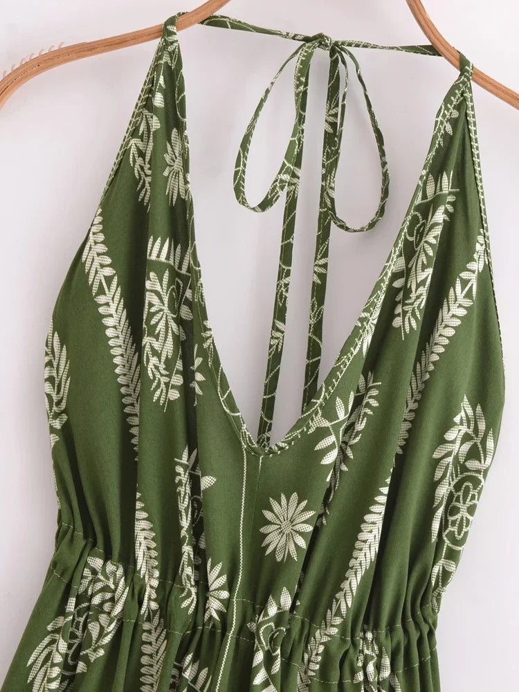 Sagewood Green Boho Floral Maxi Dress Green / S