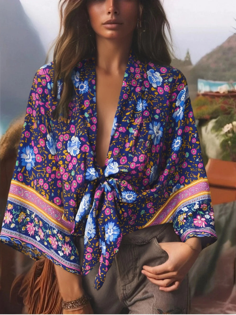 Navy Bloom Boho Floral Print Crop Top  Queen Boheme
