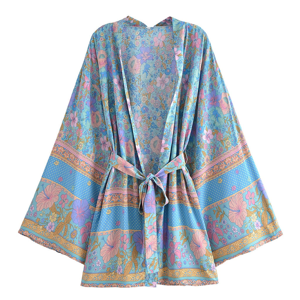 Blue Hibiscus Boho Floral Print Short Robe