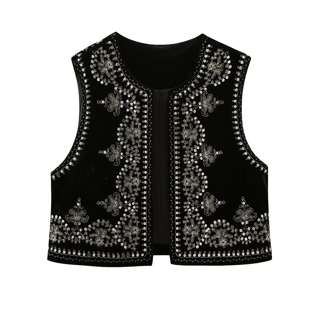 Black Boho Sequin Embroidered Vest