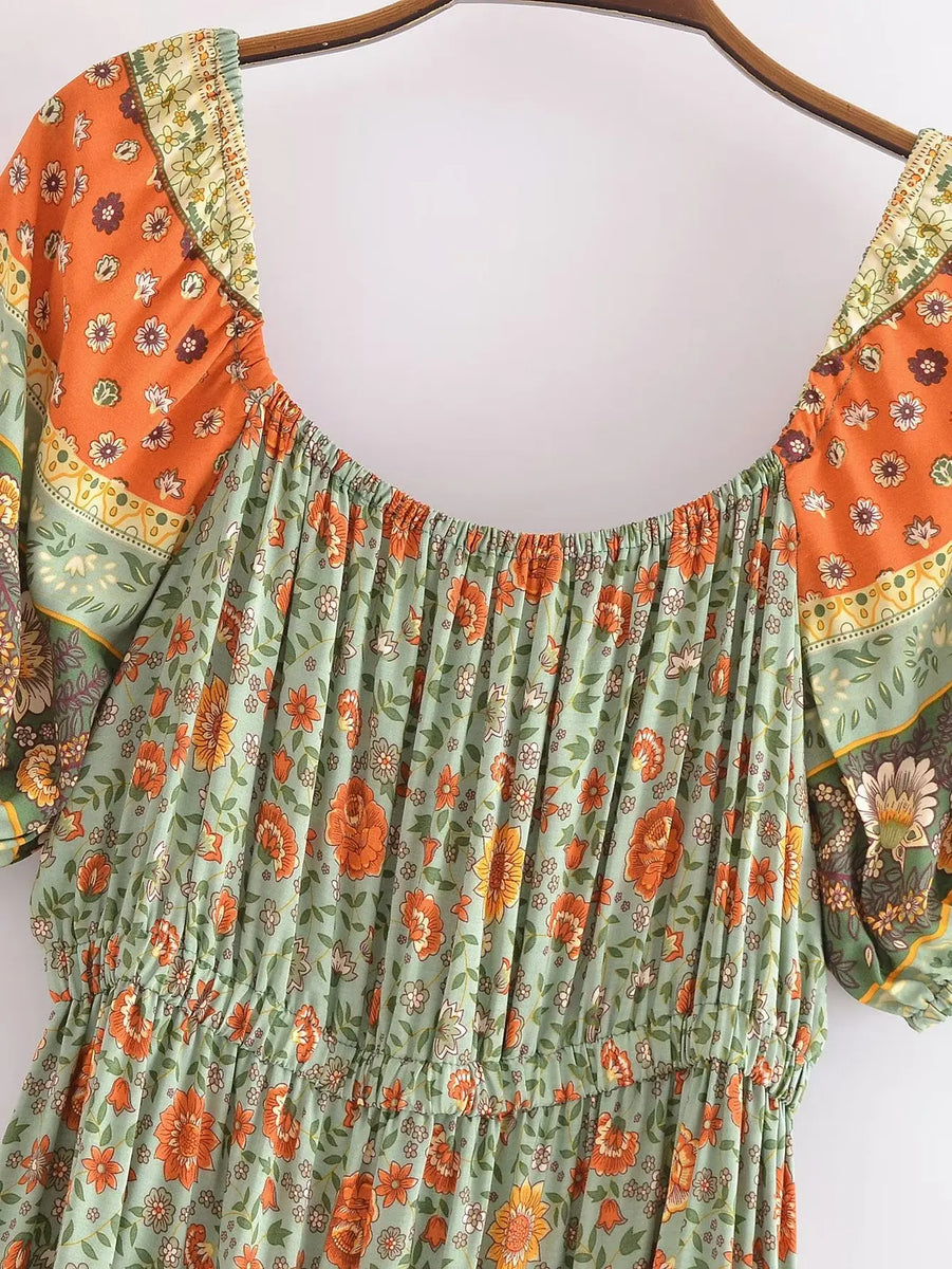 Green Whimsy Boho Floral Print Maxi Dress Queen Boheme Green Whimsy Boho Floral Print Maxi Dress Queen Boheme
