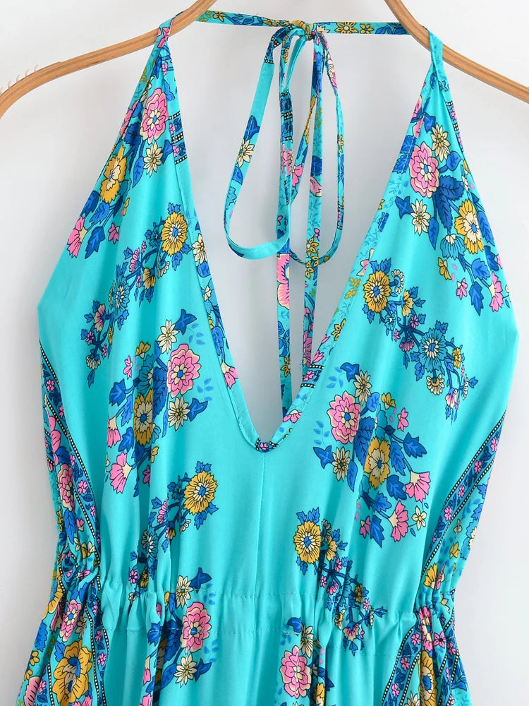 Turquoise Charm Boho Floral Print Maxi Dress Blue Green / M Turquoise Charm Boho Floral Print Maxi Dress Blue Green / M
