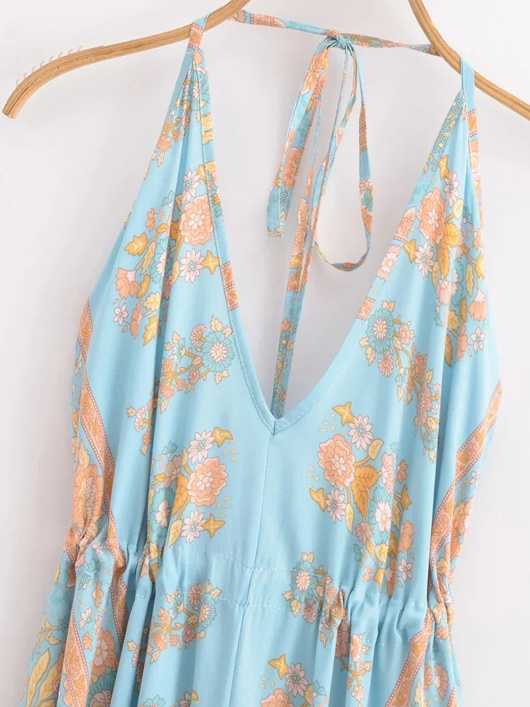 Enchanted Blue Boho Floral Print Maxi Dress Light Blue / S