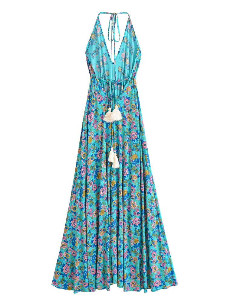Turquoise Charm Boho Floral Print Maxi Dress Blue Green / M