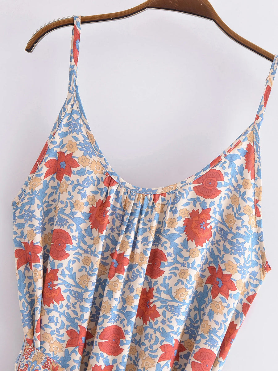 Sky Blue Boho Floral Print Knotted Backless Maxi Dress