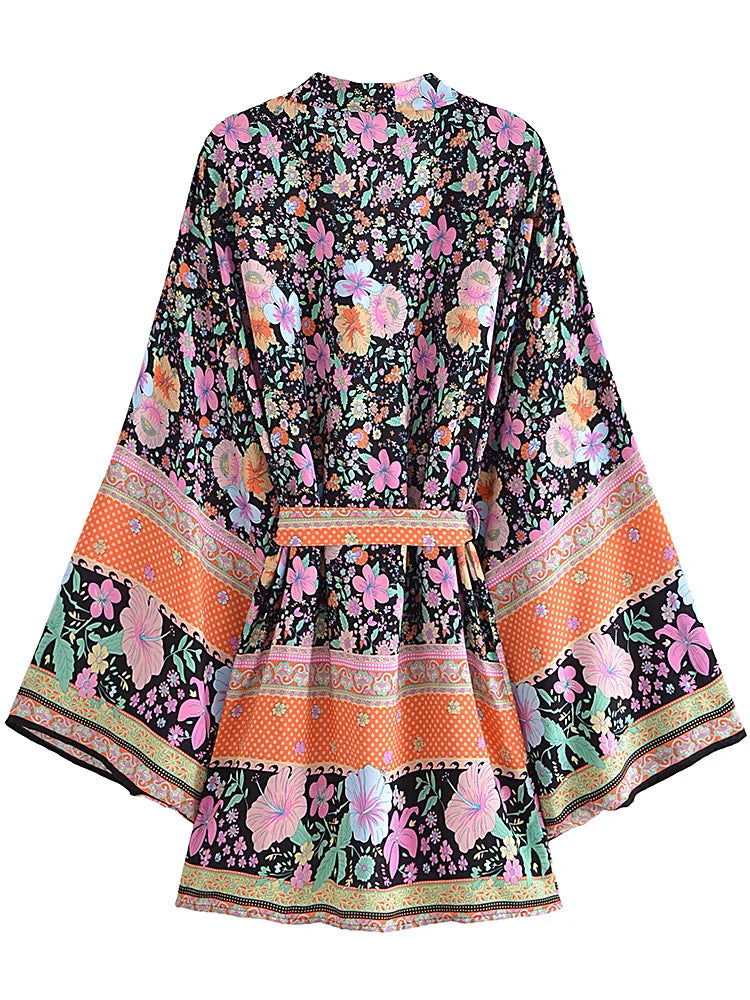 Sapphire Serenade Boho Floral Print Short Robe