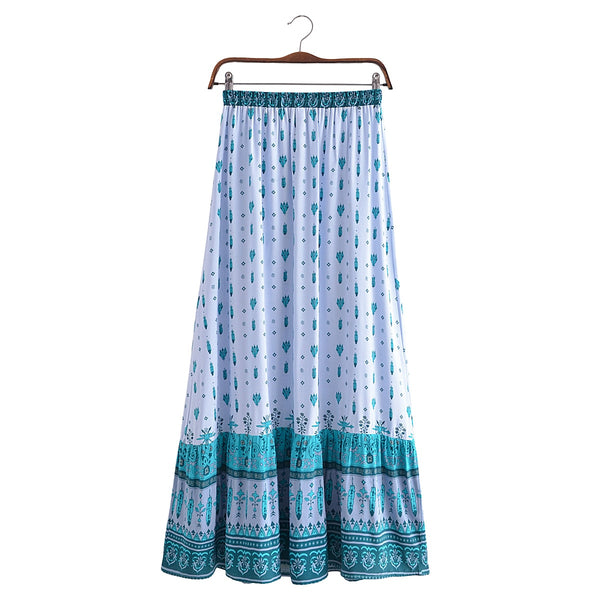 Ethereal Gypsy Feather Floral Print Boho Maxi Skirt