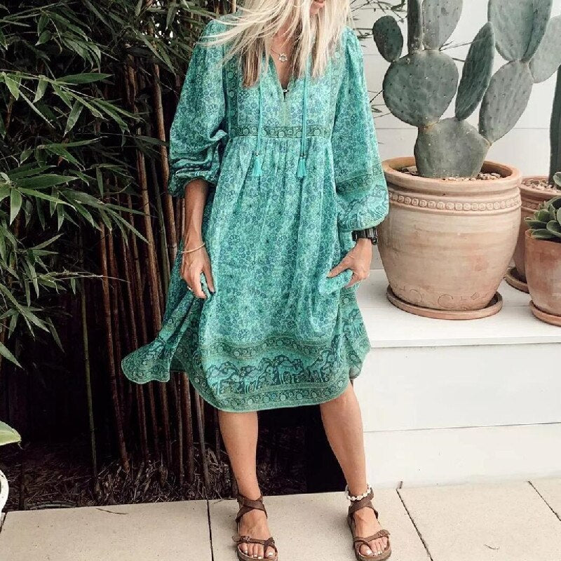 chinese dress ladies Women Cotton Midi Dress, Hand Block Printed Floral Dress, Boho Chic Flowy Gown, Long Sleeves with Pockets, Flowy Sustainable Gift for Her