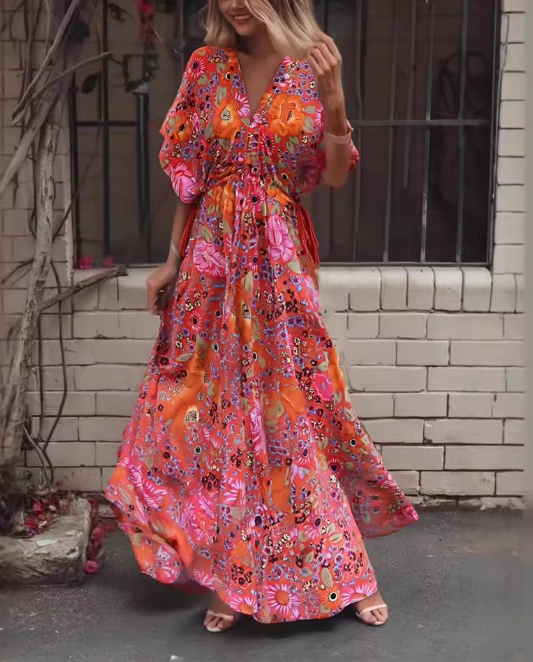 knee length dresses for ladies Red Songbird Boho Floral Print Midi Dress Red / S
