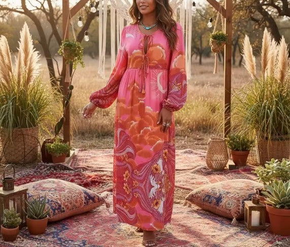 Moonstruck Pink Boho Floral Print Long Sleeve Maxi Dress