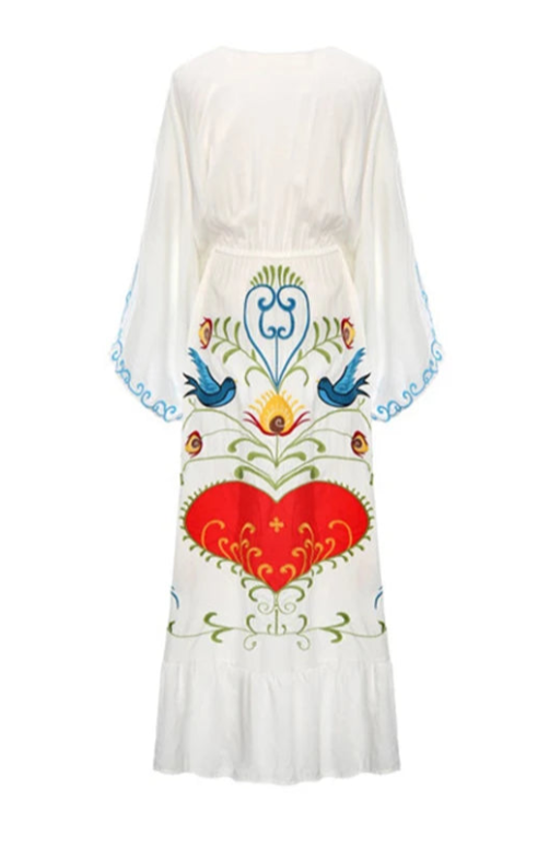 Whimsical Heart Floral Embroidered Maxi Dress Beige / M
