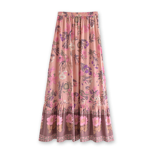 French Pink Rose Boho Floral Print Maxi Skirt