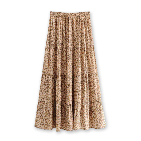 Khaki Leopard Print Boho Midi Skirt