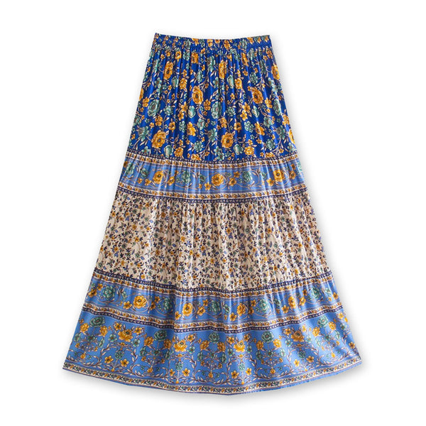 Cornflower Blue Boho Floral Print Midi Skirt