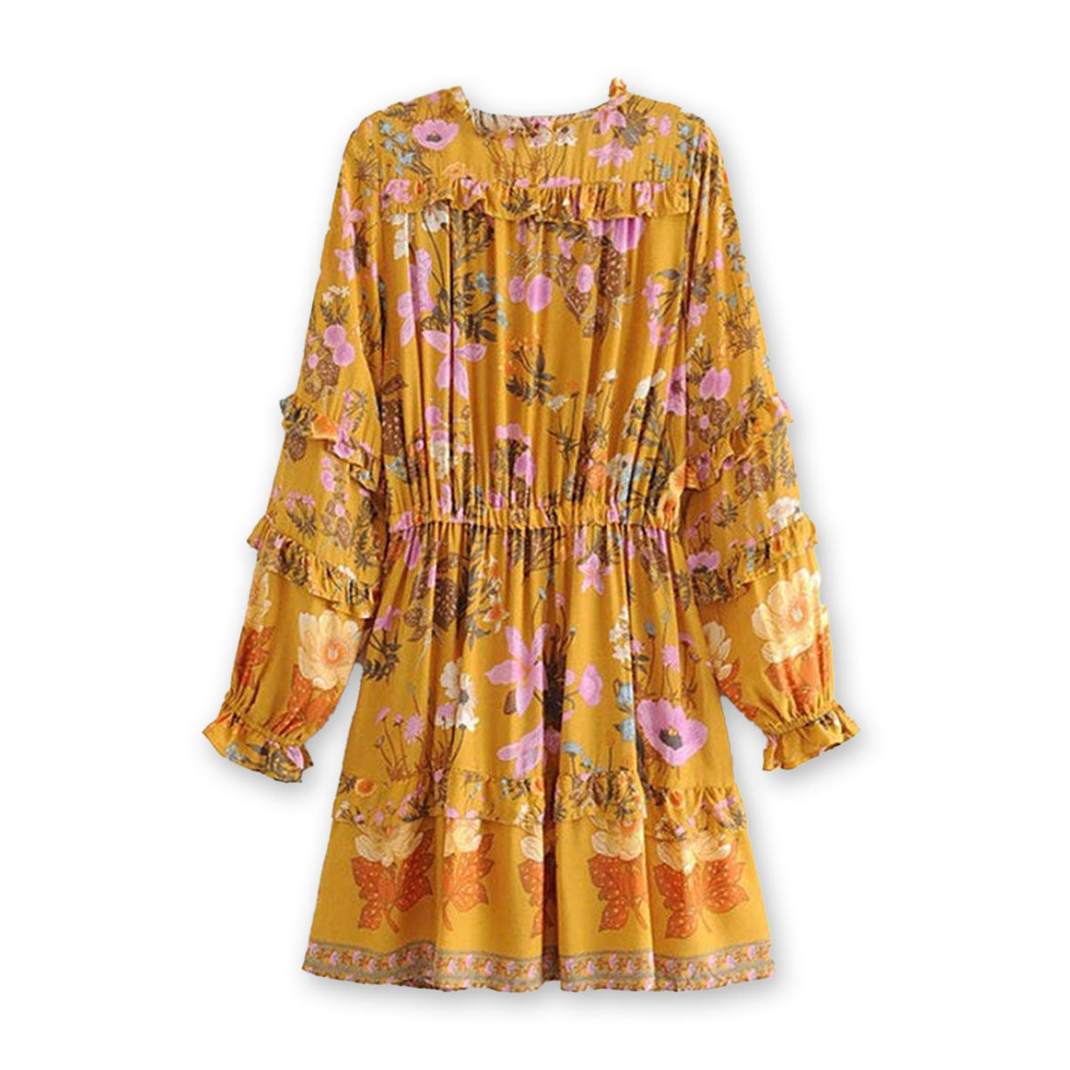 Golden Hour Boho Floral Print Long Sleeve Mini Dress Yellow / L