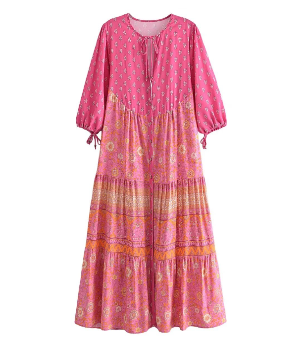 Capri Pink Boho Floral Print Midi Dress Rose Red / M