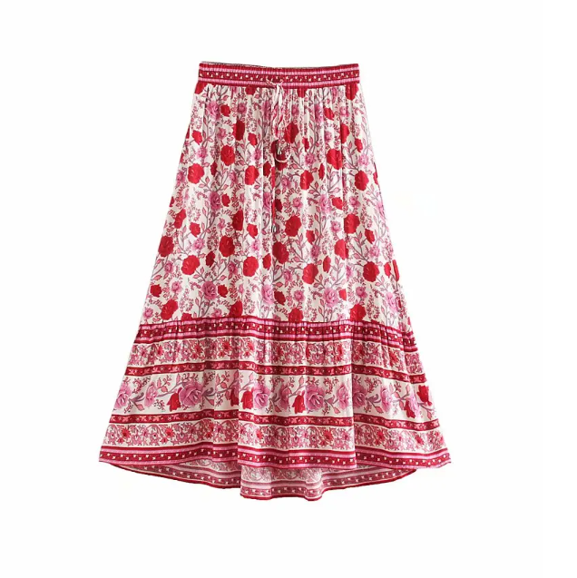 Rose Charm Boho Floral Print Midi Skirt