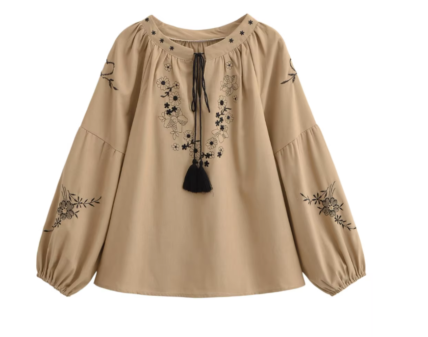 Beige Prairie Bloom Floral Embroidered Blouse