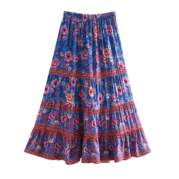 Blue Gypsy Rose Boho Floral Print Midi Skirt