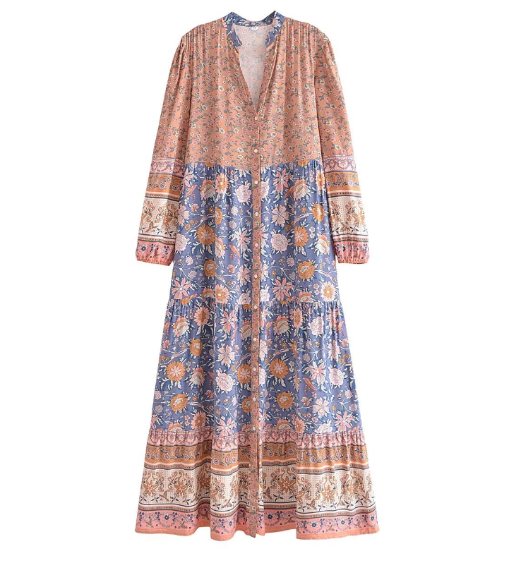 lovebird maxi dress Blue Lovebirds Boho Floral Print Long Sleeve Maxi Dress – Queen Boheme