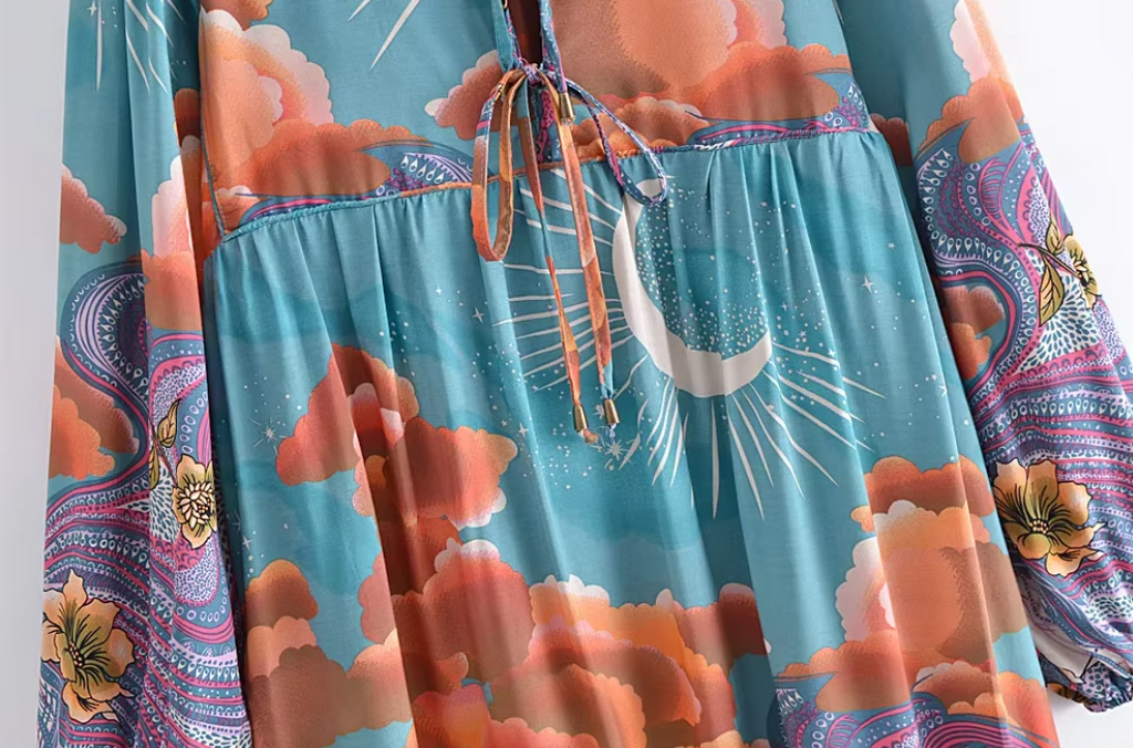 Moonstruck Teal Boho Floral Print Long Sleeve Maxi Dress  Queen Boheme