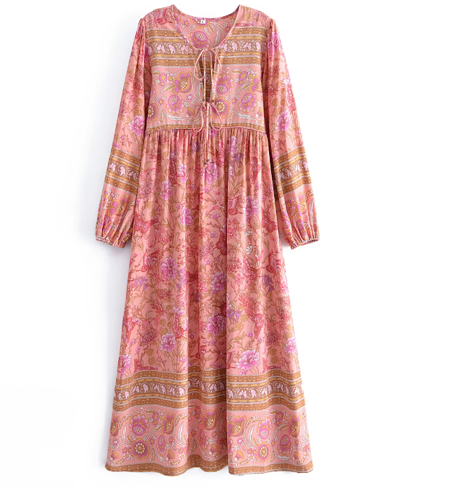 Pink Butterfly Boho Floral Print Long Sleeve Maxi Dress Pink / L Pink Butterfly Boho Floral Print Long Sleeve Maxi Dress Pink / L