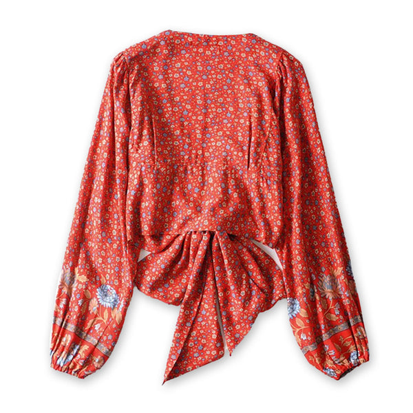 Red Bloom Boho Floral Print Long Sleeve Crop Top