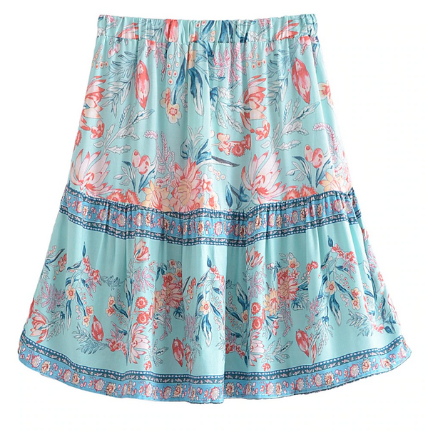 Blue Whisper Boho Floral Print Mini Skirt