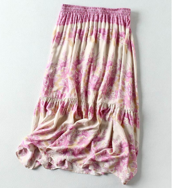 Pink Lovebird Boho Floral Print Midi Skirt