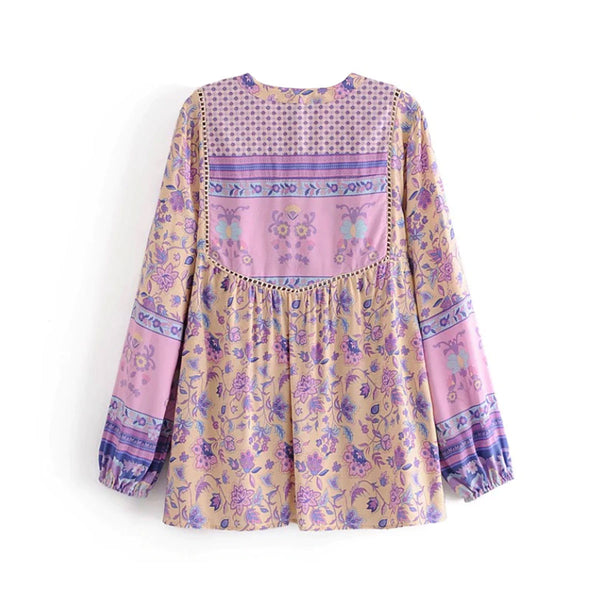 Lavender Falls Boho Floral Print Long Sleeve Blouse