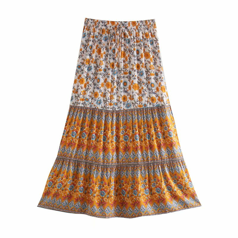 Sunny Marigold Boho Floral Print Midi Skirt