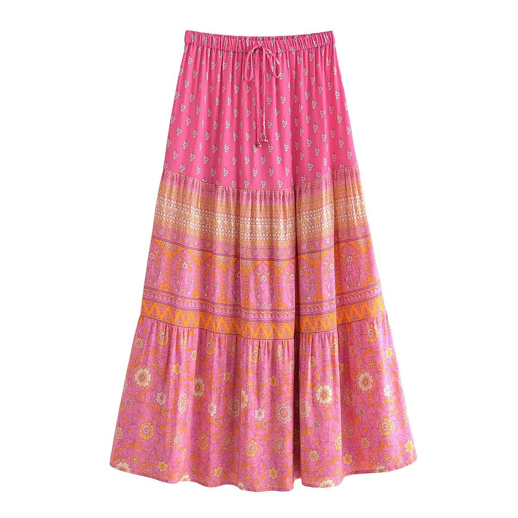 Capri Pink Floral Print Boho Maxi Skirt
