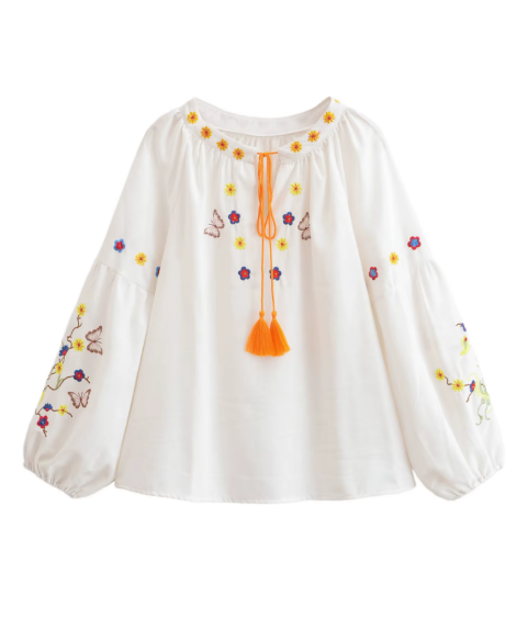 White Butterfly Floral Embroidered Long Sleeve Blouse