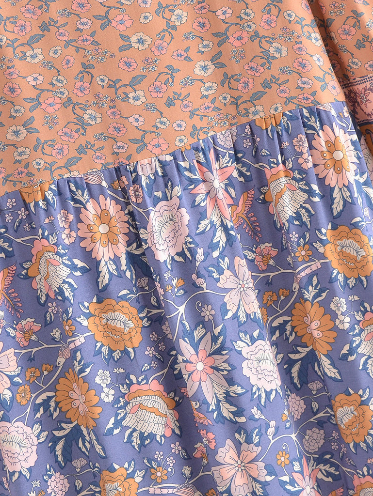 Blue Lovebirds Boho Floral Print Long Sleeve Maxi Dress Blue / L