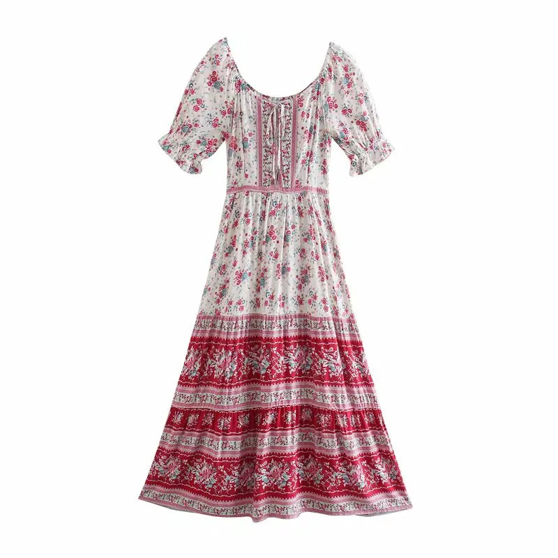 Red Rose Garden Boho Floral Print Maxi Dress Red / L