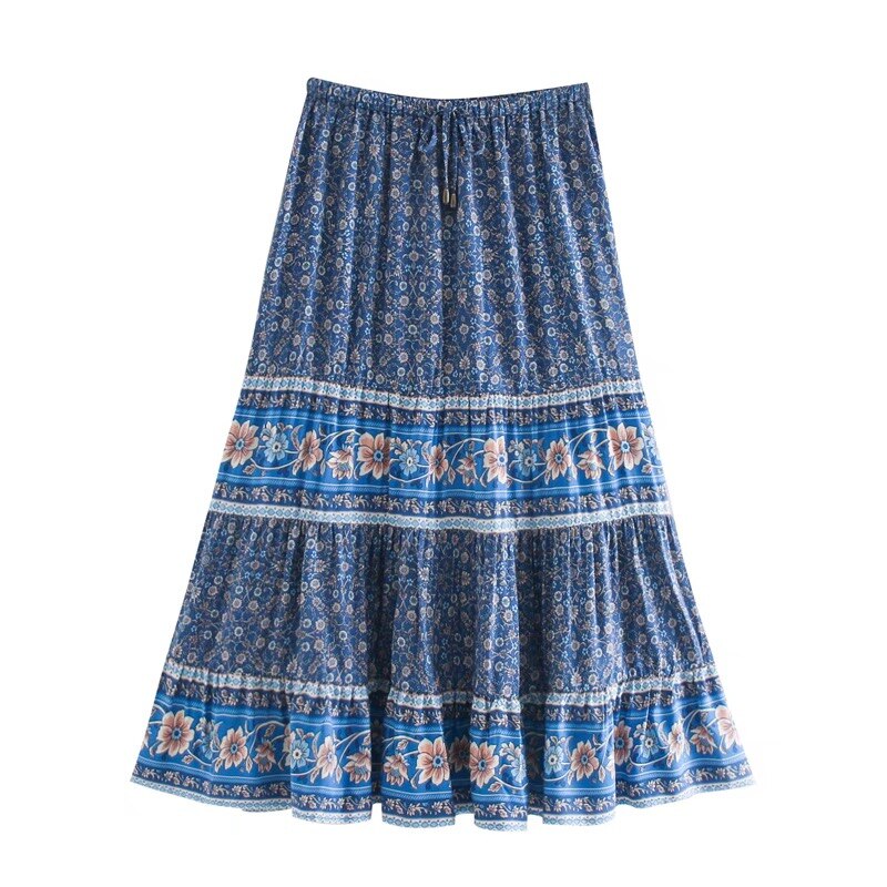 Blue Meadow Boho Floral Print Midi Skirt