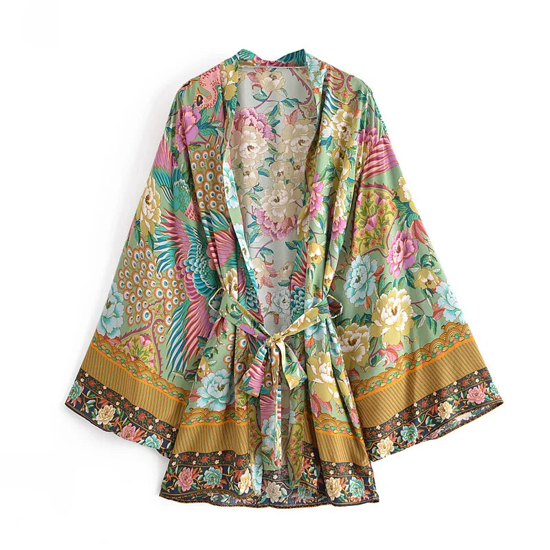 Jade Peacock Boho Floral Print Short Robe