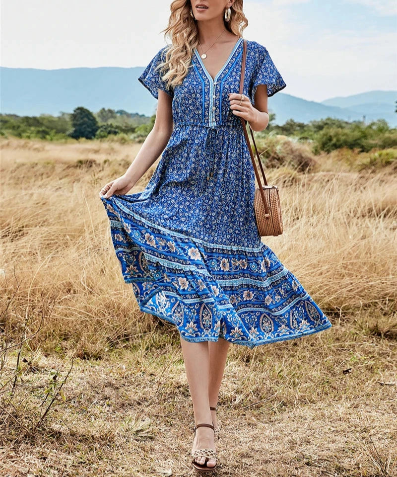 Meadowland Boho Floral Print Midi Dress – Queen Boheme