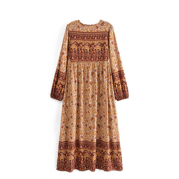 Golden Camel Boho Floral Print Long Sleeve Maxi Dress