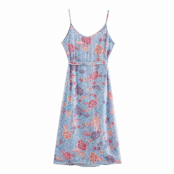 Blooming Blue Boho Floral Print Midi Dress