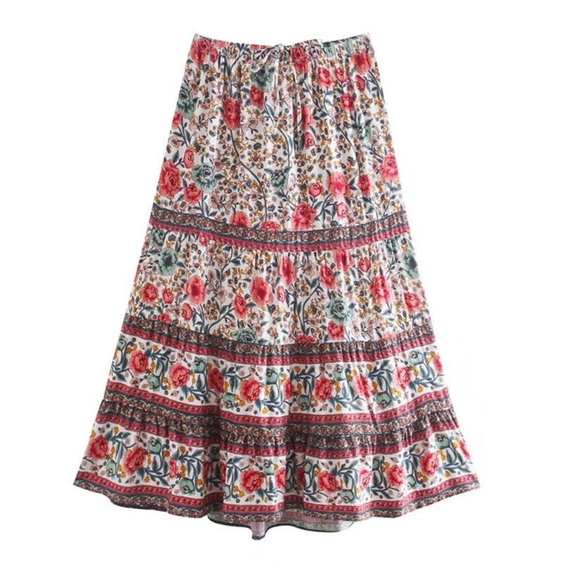 Gypsy Rose Boho Floral Print Midi Skirt