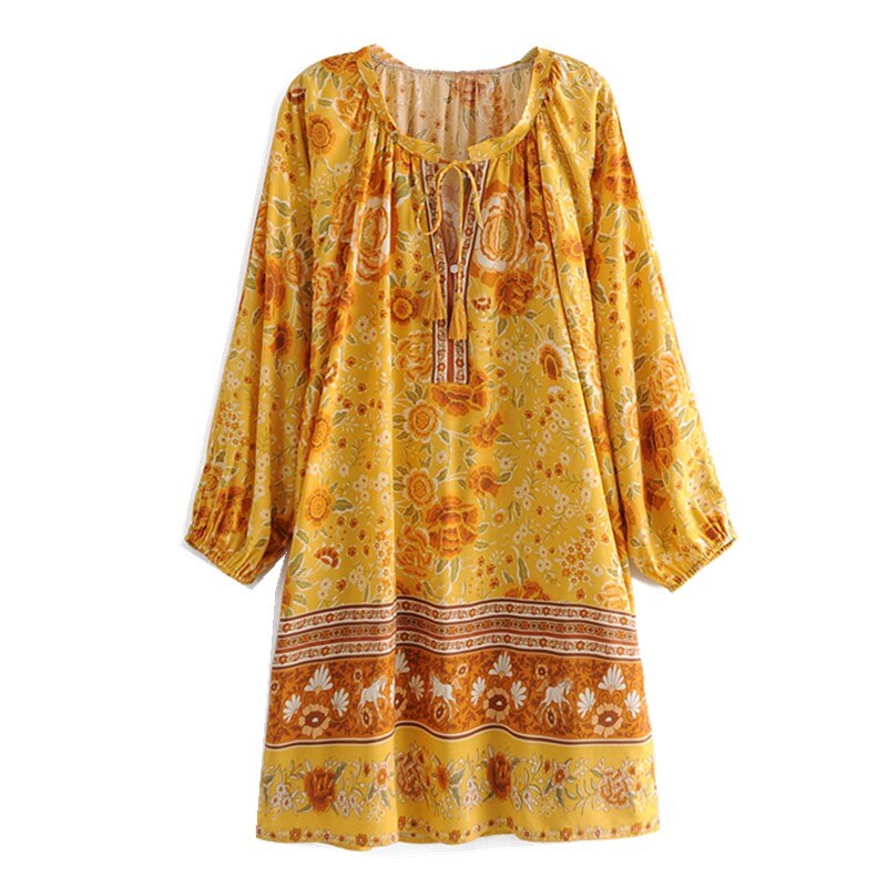 Golden Marigold Boho Floral Print Long Sleeve Mini Dress