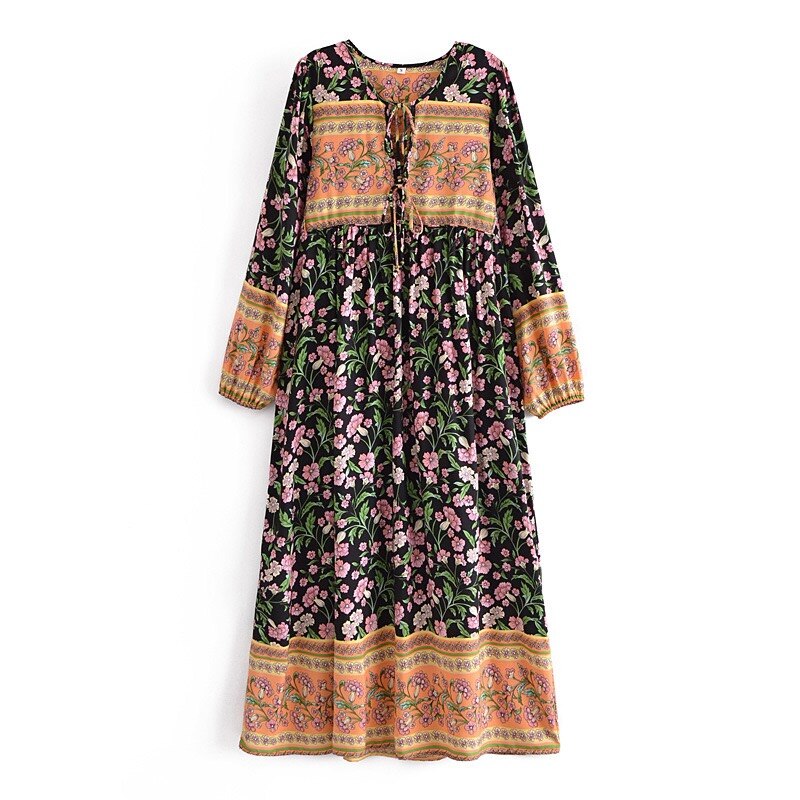 Jasmine Lane Boho Floral Print Long Sleeve Maxi Dress